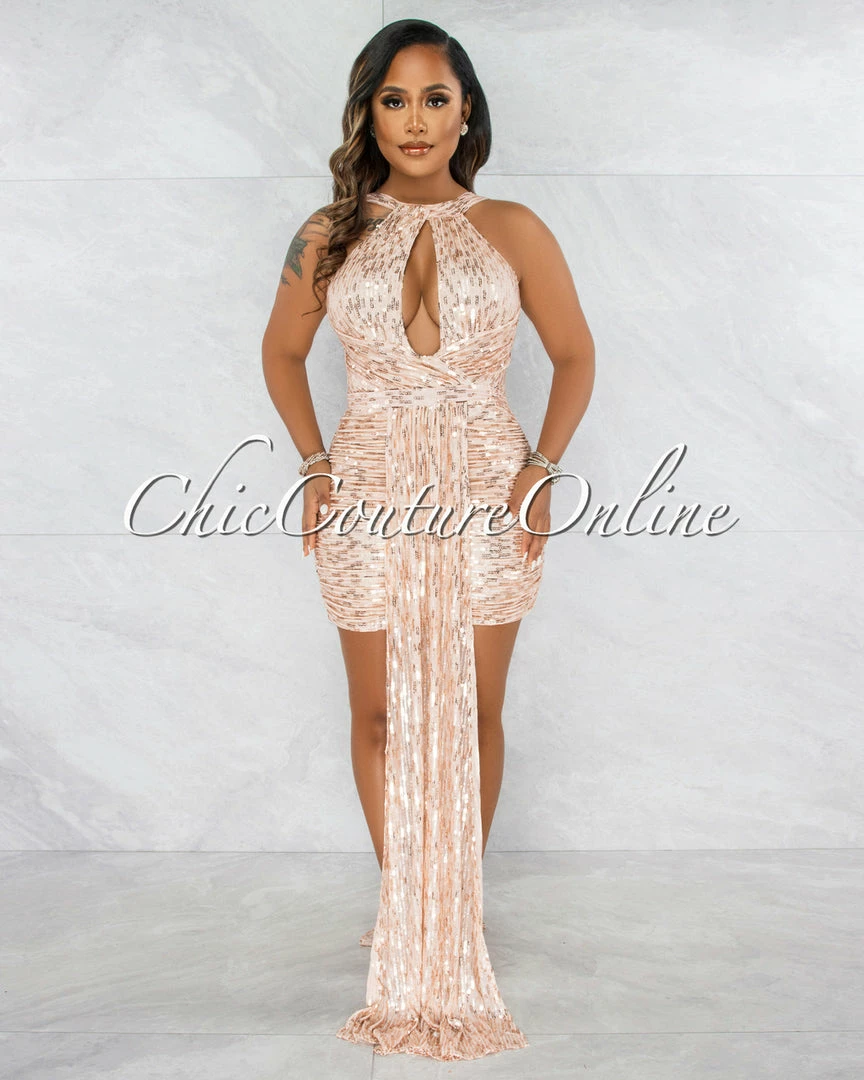 Vendor-unknown Guru Nude Rose Gold Sequins Double Tail Mini Dress JUST IN