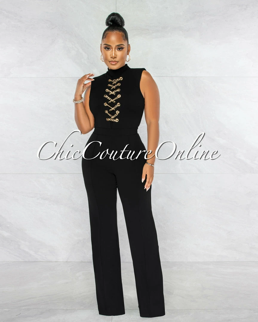 Chic Couture Online JUST IN Brandy Black Gold Link Lace-Up Jumpsuit