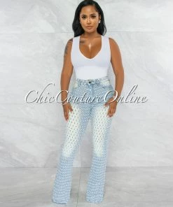 Vendor-unknown Brian Light Denim Perforated Distressed Bell Legs Jeans