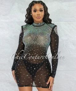 Vendor-unknown Patrina Black Iridescent Rhinestones Mesh Mini Dress JUST IN
