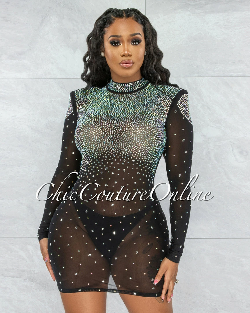 Vendor-unknown Patrina Black Iridescent Rhinestones Mesh Mini Dress JUST IN