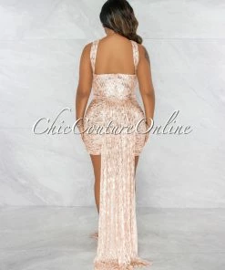 Vendor-unknown Guru Nude Rose Gold Sequins Double Tail Mini Dress JUST IN