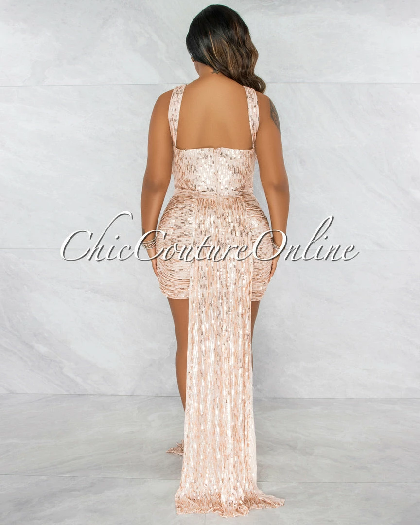 Vendor-unknown Guru Nude Rose Gold Sequins Double Tail Mini Dress JUST IN
