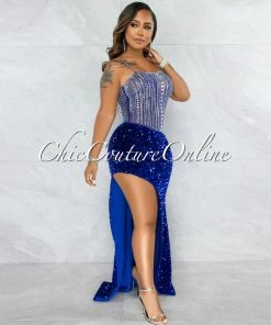 Vendor-unknown Castro Royal Blue Rhinestones Sequins Maxi Dress JUST IN