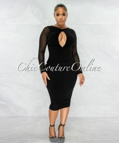 Chic Couture Online Cardinal Black Mesh Front Key-Hole Midi Ruched Dress