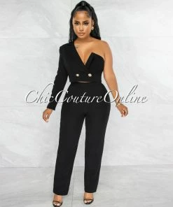 Vendor-unknown JUST IN Oksana Black Single Shoulder Crop Blazer & Wide Pants Set