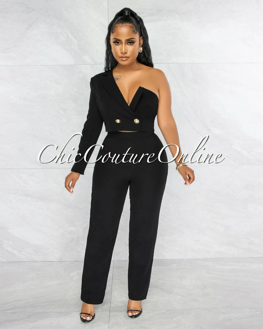 Vendor-unknown JUST IN Oksana Black Single Shoulder Crop Blazer & Wide Pants Set