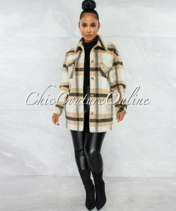 Vendor-unknown Badar Beige Black Plaid Short Coat CLOTHING