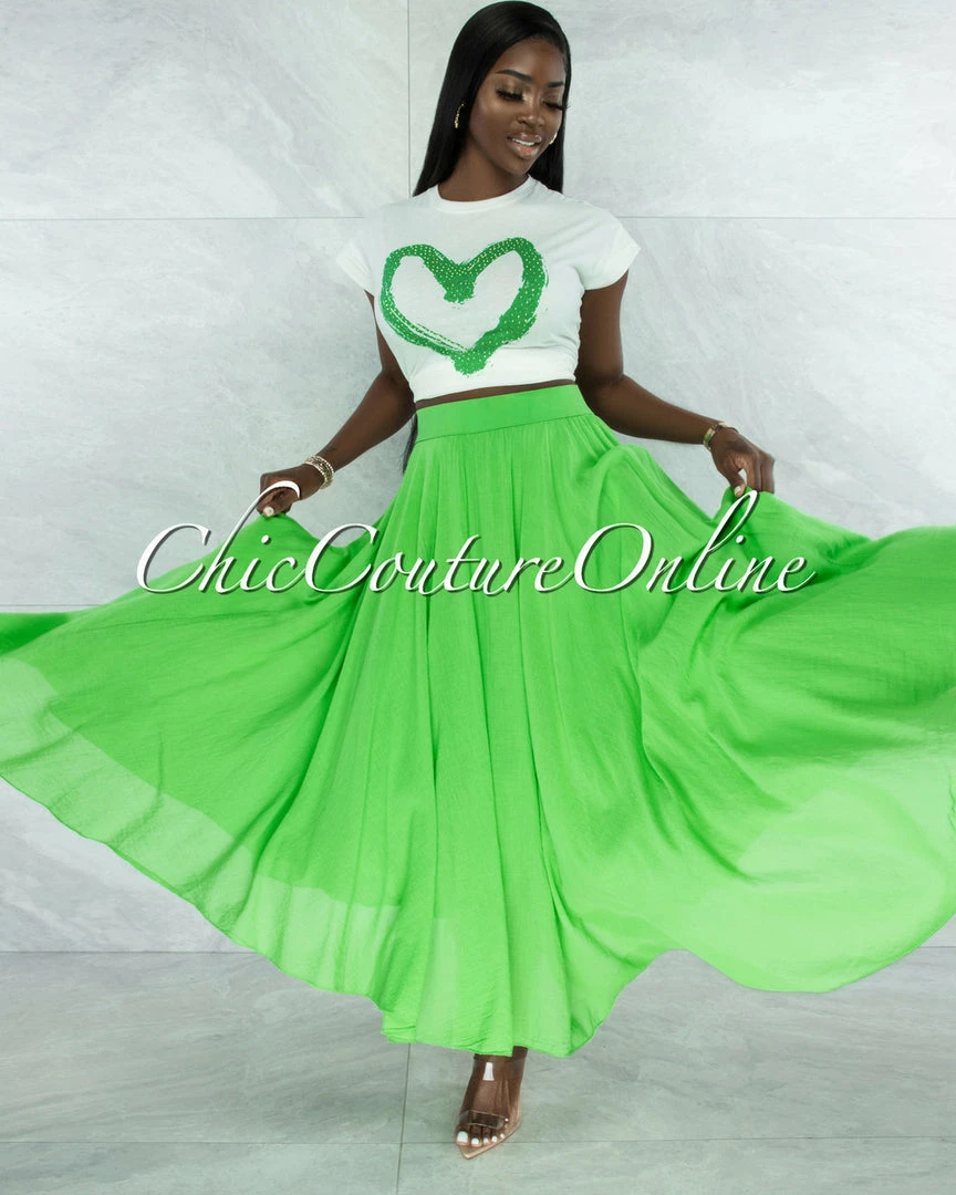 Vendor-unknown Dondra Kelly Green Flutter Wide Maxi Skirt