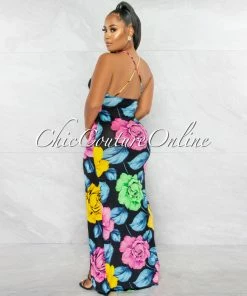 Chic Couture Online JUST IN Angelina Black Multi-Color Floral Maxi Dress