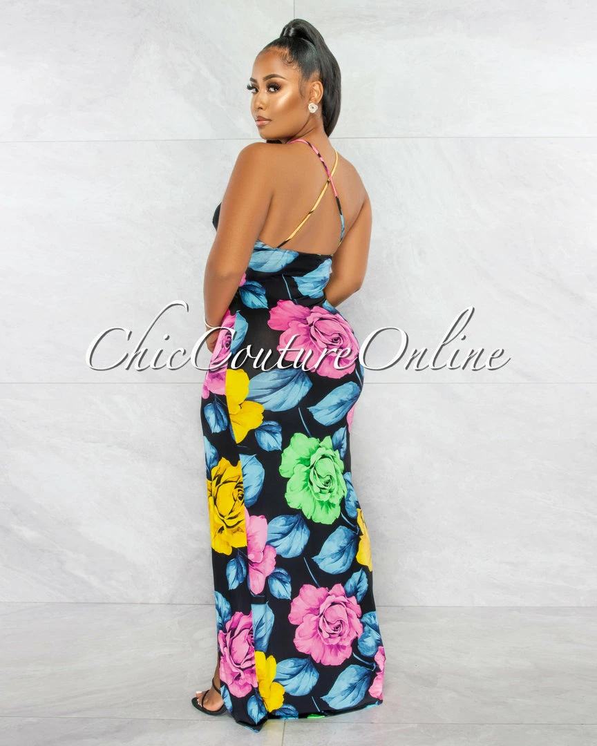 Chic Couture Online JUST IN Angelina Black Multi-Color Floral Maxi Dress
