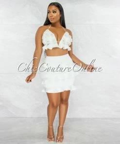 Chic Couture Online JUST IN Wagner Off-White Embroidery Crop Top & Ruffle Skirt Set