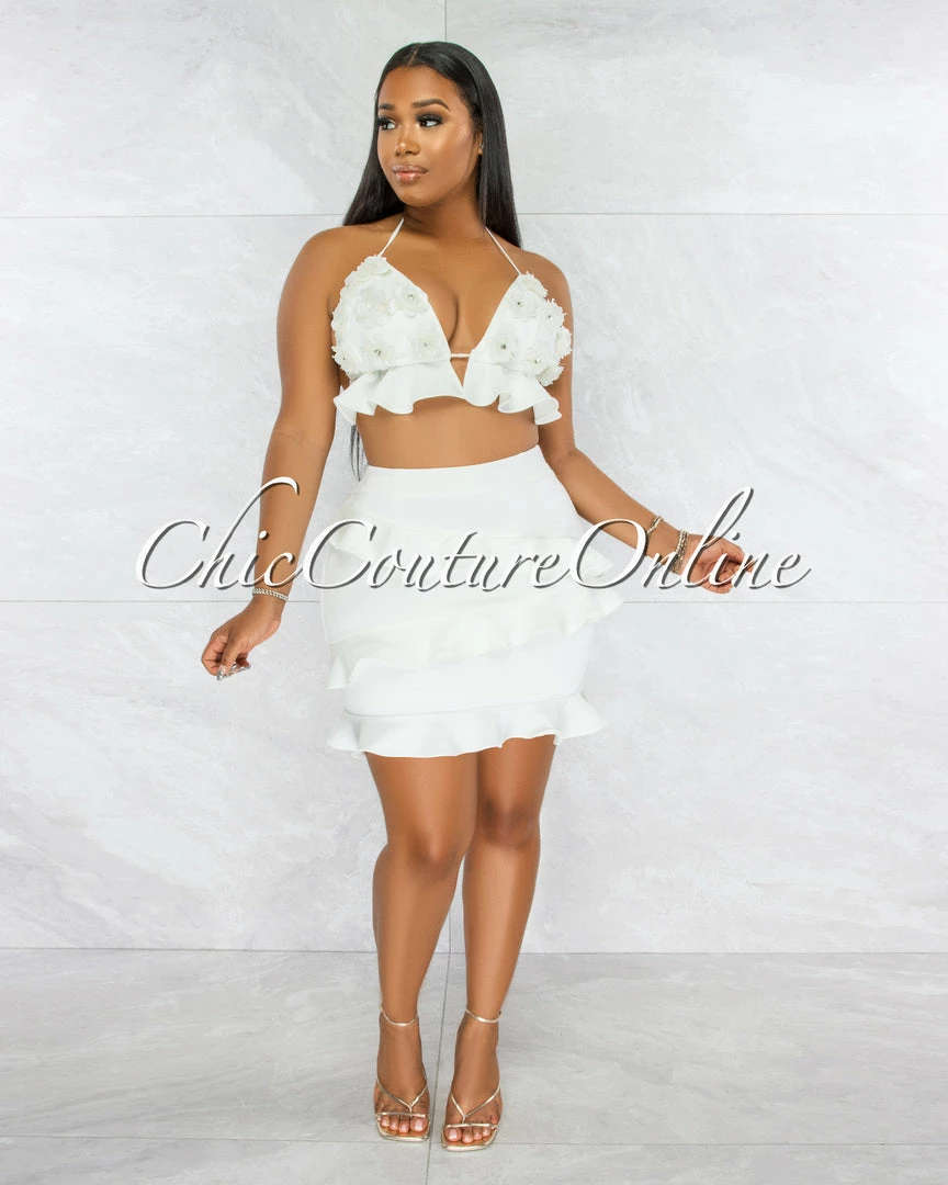 Chic Couture Online JUST IN Wagner Off-White Embroidery Crop Top & Ruffle Skirt Set