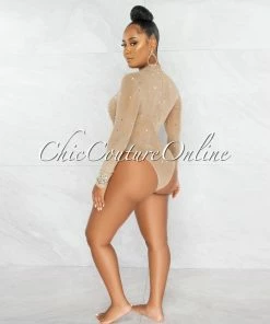 Chic Couture Online JUST IN Moore Nude Silver Mesh Rhinestones Bodysuit