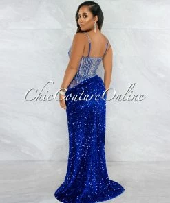 Vendor-unknown Castro Royal Blue Rhinestones Sequins Maxi Dress JUST IN