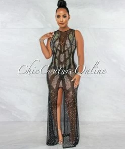Vendor-unknown Molara Black Iridescent Rhinestone Maxi High Slit Dress