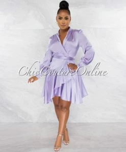 Chic Couture Online JUST IN Eloyda Lilac Wrap High Low Ruffle Dress