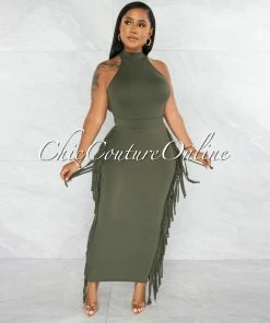 Chic Couture Online Rommey Olive Green Crop Top & Tassels Pencil Maxi Skirt Set