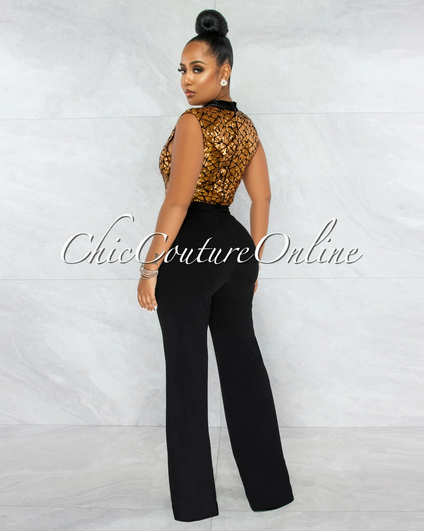 Vendor-unknown Medini Moroccan Gold Sequin Top Black Bottom Jumpsuit