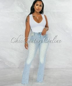 Vendor-unknown Brian Light Denim Perforated Distressed Bell Legs Jeans