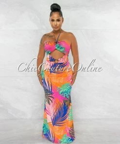 Chic Couture Online Morris Fuchsia Multi-Color Leaf Print Key-Hole Maxi Dress JUST IN