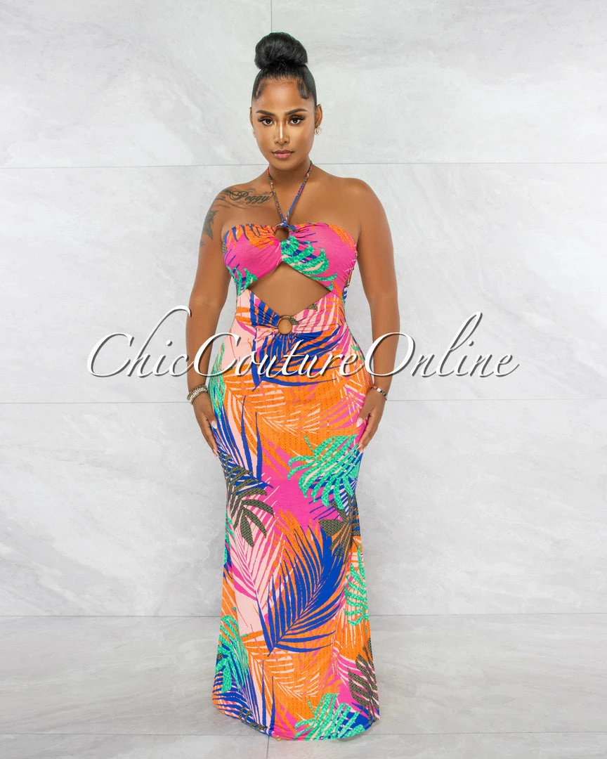 Chic Couture Online Morris Fuchsia Multi-Color Leaf Print Key-Hole Maxi Dress JUST IN