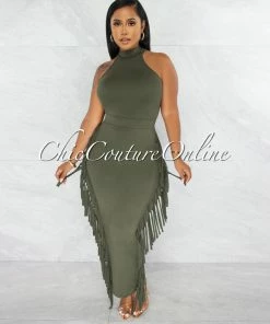 Chic Couture Online Rommey Olive Green Crop Top & Tassels Pencil Maxi Skirt Set