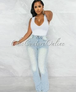 Vendor-unknown Brian Light Denim Perforated Distressed Bell Legs Jeans