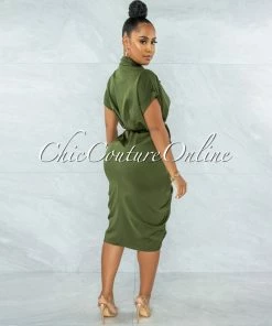 Vendor-unknown JUST IN Valley Olive Green Drape Self-Tie Belt Shirt Midi Dress