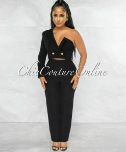 Vendor-unknown JUST IN Oksana Black Single Shoulder Crop Blazer & Wide Pants Set