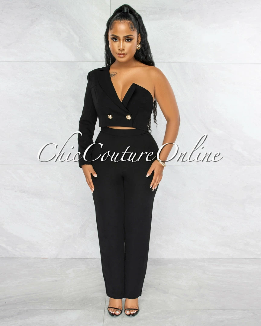 Vendor-unknown JUST IN Oksana Black Single Shoulder Crop Blazer & Wide Pants Set