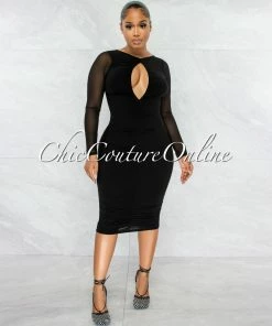 Chic Couture Online Cardinal Black Mesh Front Key-Hole Midi Ruched Dress