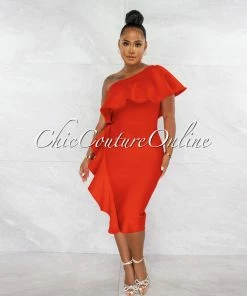 Chic Couture Online Annette Red Single Shoulder Ruffle Bandage Midi Dress JUST IN