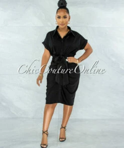 Vendor-unknown JUST IN Valley Black Drape Self-Tie Belt Shirt Midi Dress