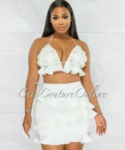 Chic Couture Online JUST IN Wagner Off-White Embroidery Crop Top & Ruffle Skirt Set