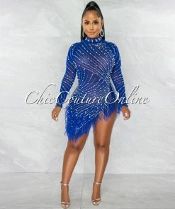 Chic Couture Online Rhesa Royal-Blue Rhinestones Pearls & Feathers Mesh Mini Dress