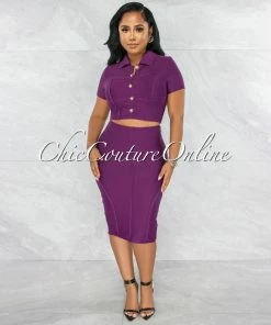 Vendor-unknown Yaletha Grape Purple Buttons Top & Midi Skirt Bandage Set