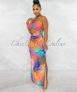 Chic Couture Online Morris Fuchsia Multi-Color Leaf Print Key-Hole Maxi Dress JUST IN