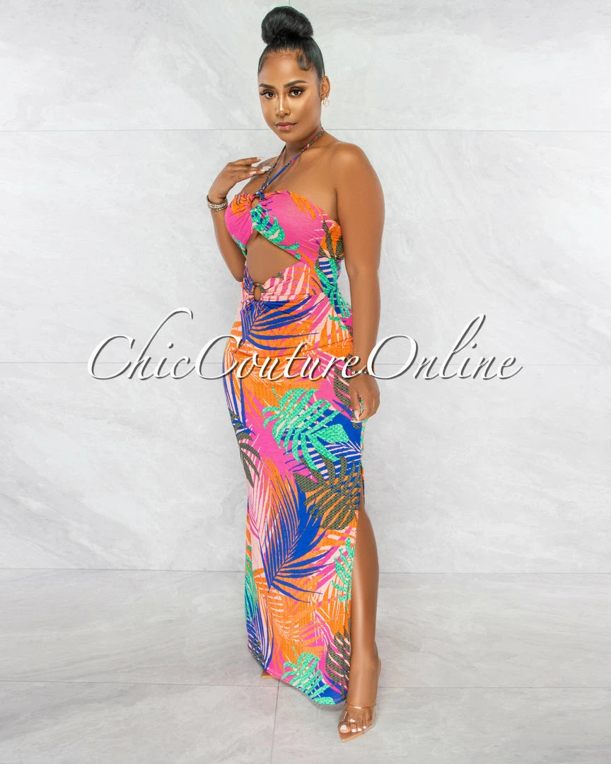 Chic Couture Online Morris Fuchsia Multi-Color Leaf Print Key-Hole Maxi Dress JUST IN