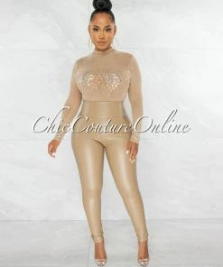 Chic Couture Online JUST IN Moore Nude Silver Mesh Rhinestones Bodysuit