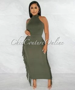 Chic Couture Online Rommey Olive Green Crop Top & Tassels Pencil Maxi Skirt Set