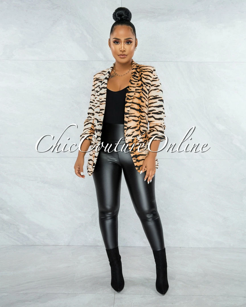 Vendor-unknown JUST IN Merona Nude Black Tiger Print Boyfriend Long Blazer
