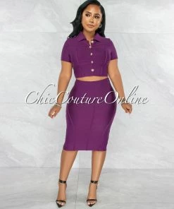 Vendor-unknown Yaletha Grape Purple Buttons Top & Midi Skirt Bandage Set
