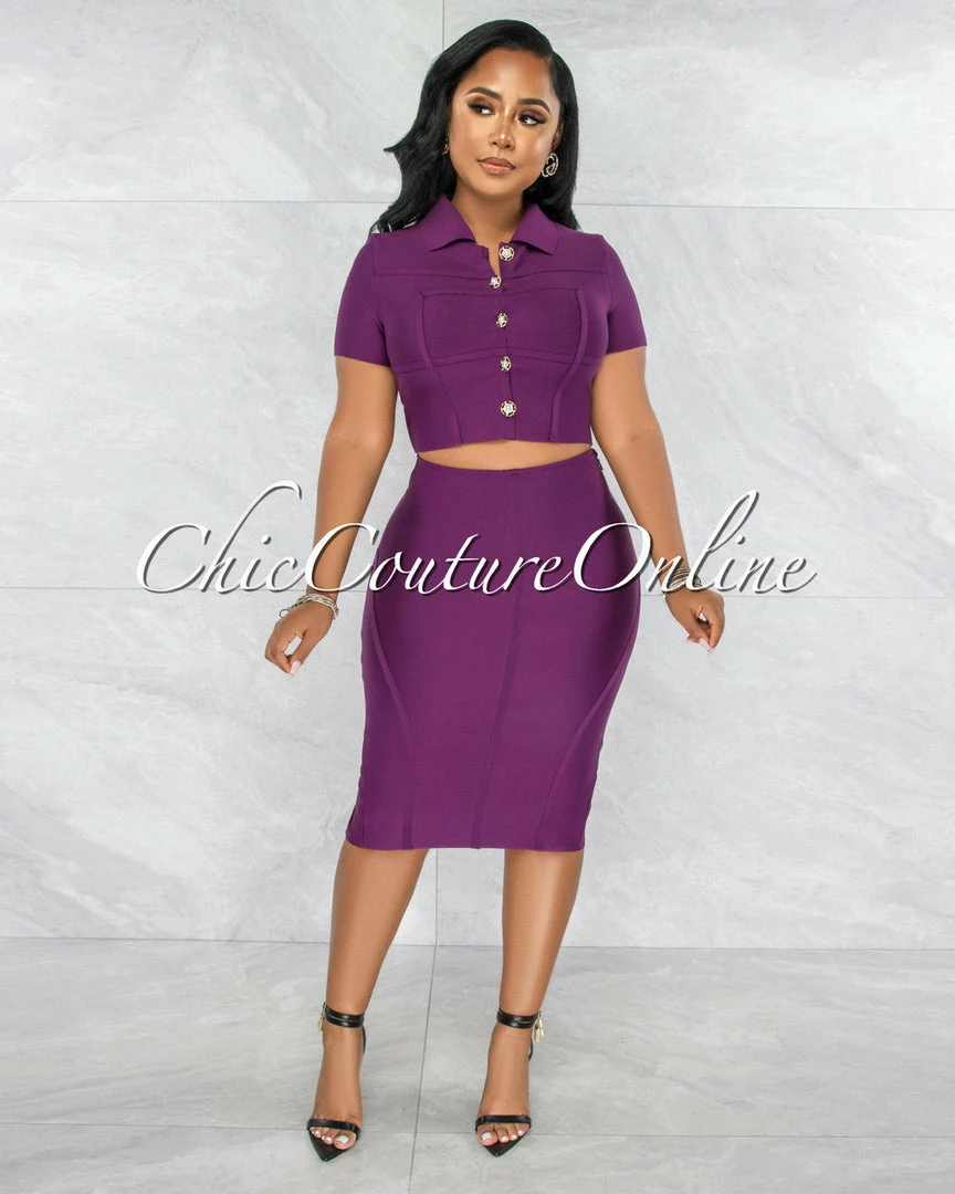 Vendor-unknown Yaletha Grape Purple Buttons Top & Midi Skirt Bandage Set