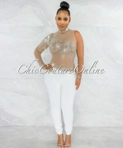 Vendor-unknown JUST IN Zulia Nude White Mesh Rhinestones Single Sleeve Jumpsuit