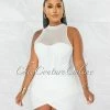 Chic Couture Online JUST IN Cahira Off-White Mesh Neckline Ruched Hem Ultra Mini Dress