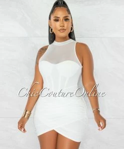 Chic Couture Online JUST IN Cahira Off-White Mesh Neckline Ruched Hem Ultra Mini Dress