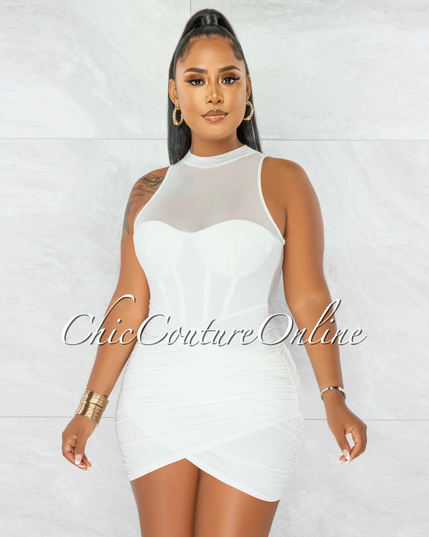 Chic Couture Online JUST IN Cahira Off-White Mesh Neckline Ruched Hem Ultra Mini Dress
