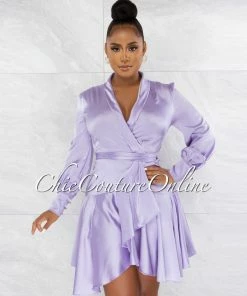 Chic Couture Online JUST IN Eloyda Lilac Wrap High Low Ruffle Dress