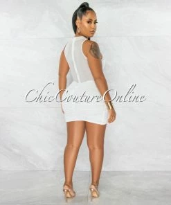 Chic Couture Online JUST IN Cahira Off-White Mesh Neckline Ruched Hem Ultra Mini Dress